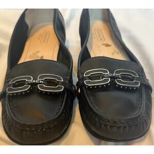 Coach Ella Black Leather Loafers Flats Size 8.5B Silver Buckle Logo Shoes A2020